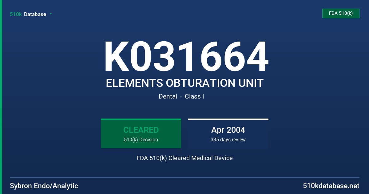 K031664 ELEMENTS OBTURATION UNIT FDA 510(k) Cleared Medical Device