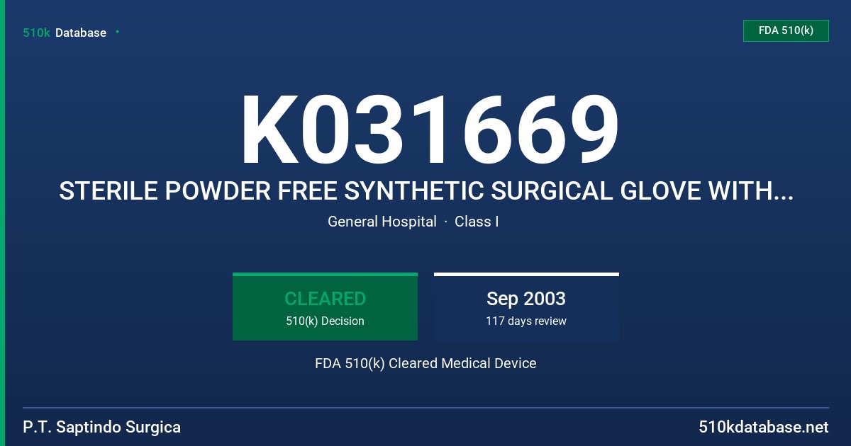 K031669 STERILE POWDER FREE SYNTHETIC SURGICAL GLOVE WITH POLYMER COATING FDA 510(k) Cleared Medical Device