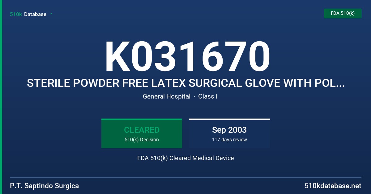 K031670 STERILE POWDER FREE LATEX SURGICAL GLOVE WITH POLYMER COATING FDA 510(k) Cleared Medical Device