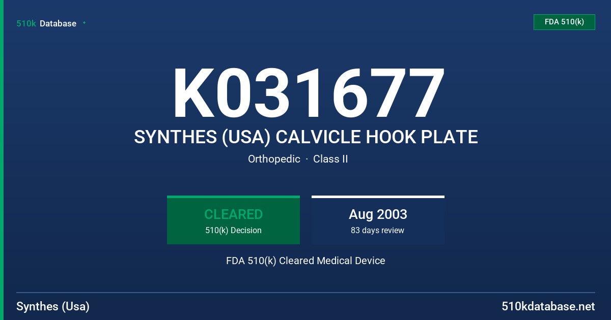 K031677 SYNTHES (USA) CALVICLE HOOK PLATE FDA 510(k) Cleared Medical Device