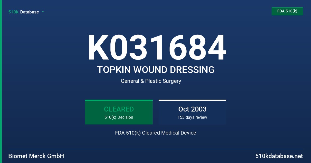 K031684 TOPKIN WOUND DRESSING FDA 510(k) Cleared Medical Device