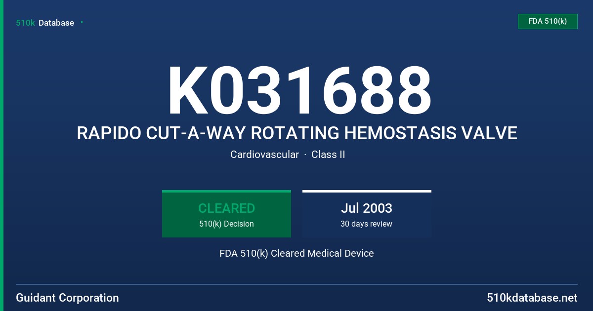 K031688 RAPIDO CUT-A-WAY ROTATING HEMOSTASIS VALVE FDA 510(k) Cleared Medical Device
