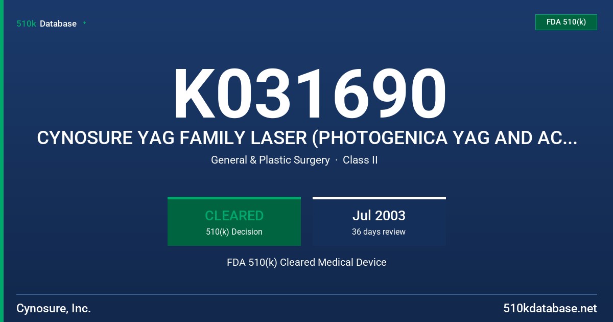 K031690 CYNOSURE YAG FAMILY LASER (PHOTOGENICA YAG AND ACCLAIM) FDA 510(k) Cleared Medical Device