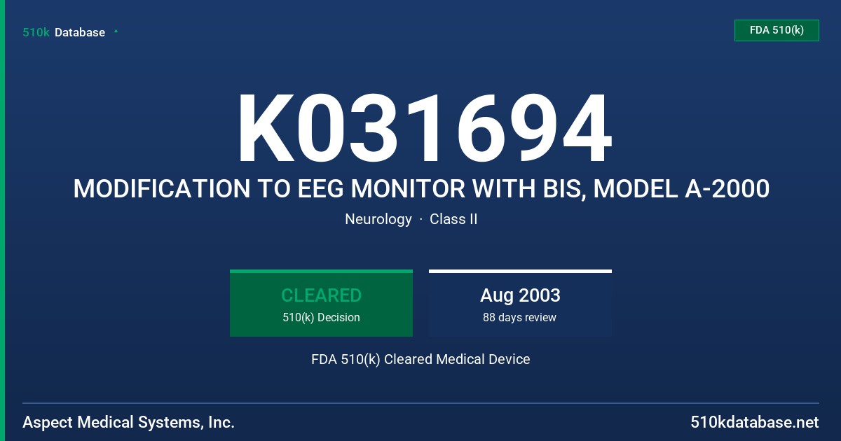 K031694 MODIFICATION TO EEG MONITOR WITH BIS, MODEL A-2000 FDA 510(k) Cleared Medical Device