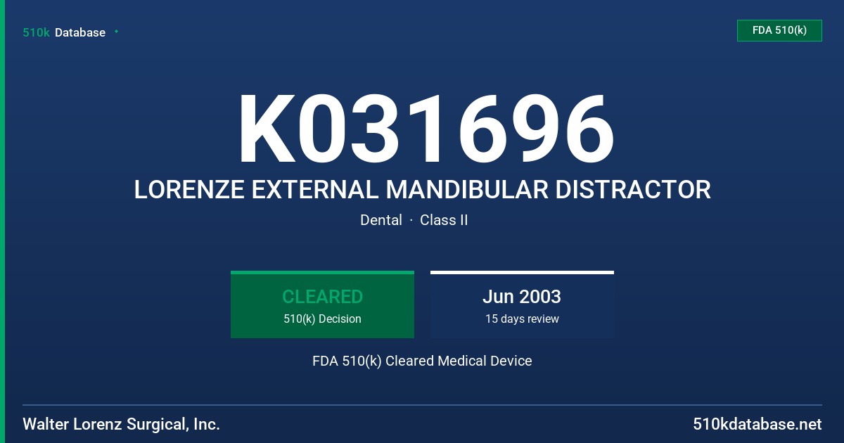 K031696 LORENZE EXTERNAL MANDIBULAR DISTRACTOR FDA 510(k) Cleared Medical Device