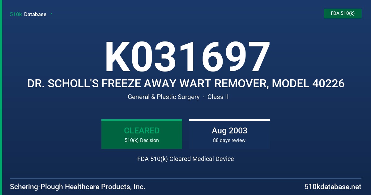 K031697 DR. SCHOLL'S FREEZE AWAY WART REMOVER, MODEL 40226 FDA 510(k) Cleared Medical Device