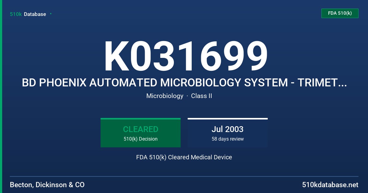 K031699 BD PHOENIX AUTOMATED MICROBIOLOGY SYSTEM - TRIMETHOPRIM-SULFAMETHOXAZOLE 0.5/9.5-16/304UG/ML FDA 510(k) Cleared Medical Device