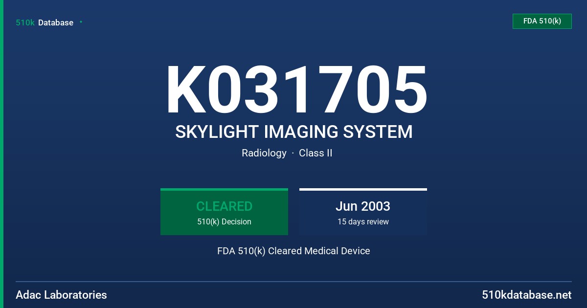 K031705 SKYLIGHT IMAGING SYSTEM FDA 510(k) Cleared Medical Device