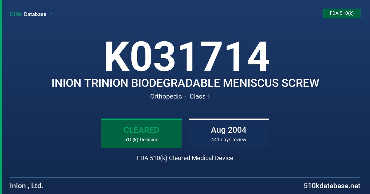 K031714 INION TRINION BIODEGRADABLE MENISCUS SCREW FDA 510(k) Cleared Medical Device