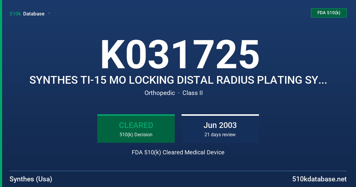K031725 SYNTHES TI-15 MO LOCKING DISTAL RADIUS PLATING SYSTEM FDA 510(k) Cleared Medical Device