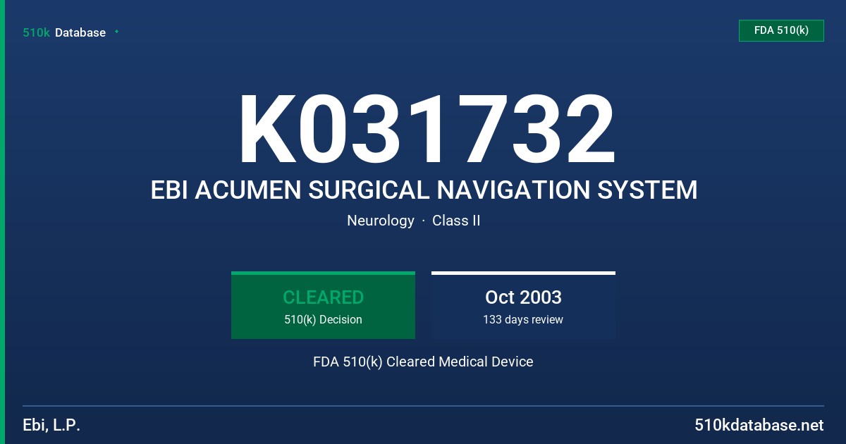 K031732 EBI ACUMEN SURGICAL NAVIGATION SYSTEM FDA 510(k) Cleared Medical Device