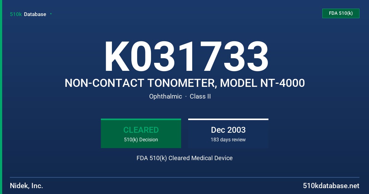 K031733 NON-CONTACT TONOMETER, MODEL NT-4000 FDA 510(k) Cleared Medical Device