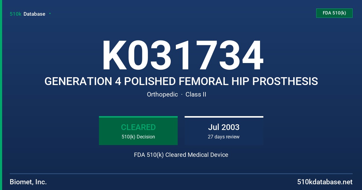 K031734 GENERATION 4 POLISHED FEMORAL HIP PROSTHESIS FDA 510(k) Cleared Medical Device
