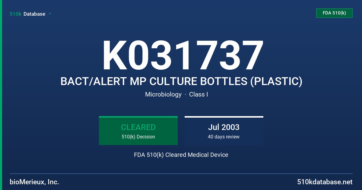 K031737 BACT/ALERT MP CULTURE BOTTLES (PLASTIC) FDA 510(k) Cleared Medical Device