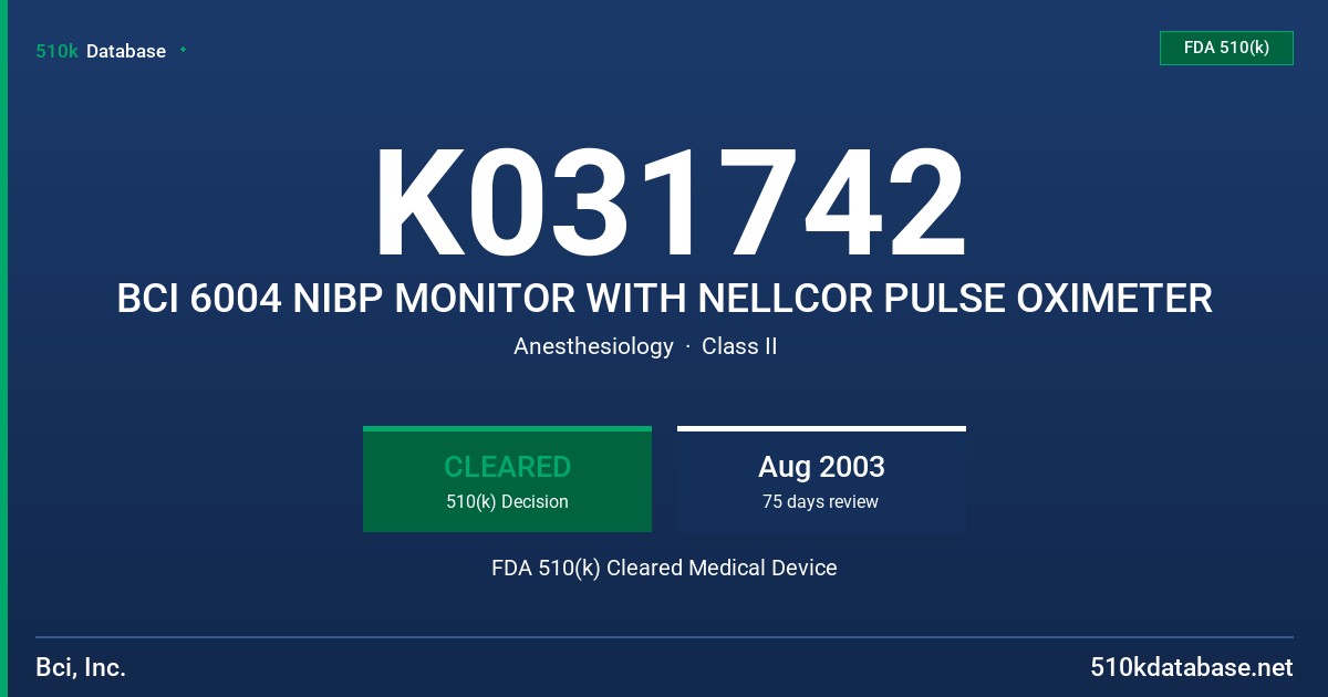 K031742 BCI 6004 NIBP MONITOR WITH NELLCOR PULSE OXIMETER FDA 510(k) Cleared Medical Device