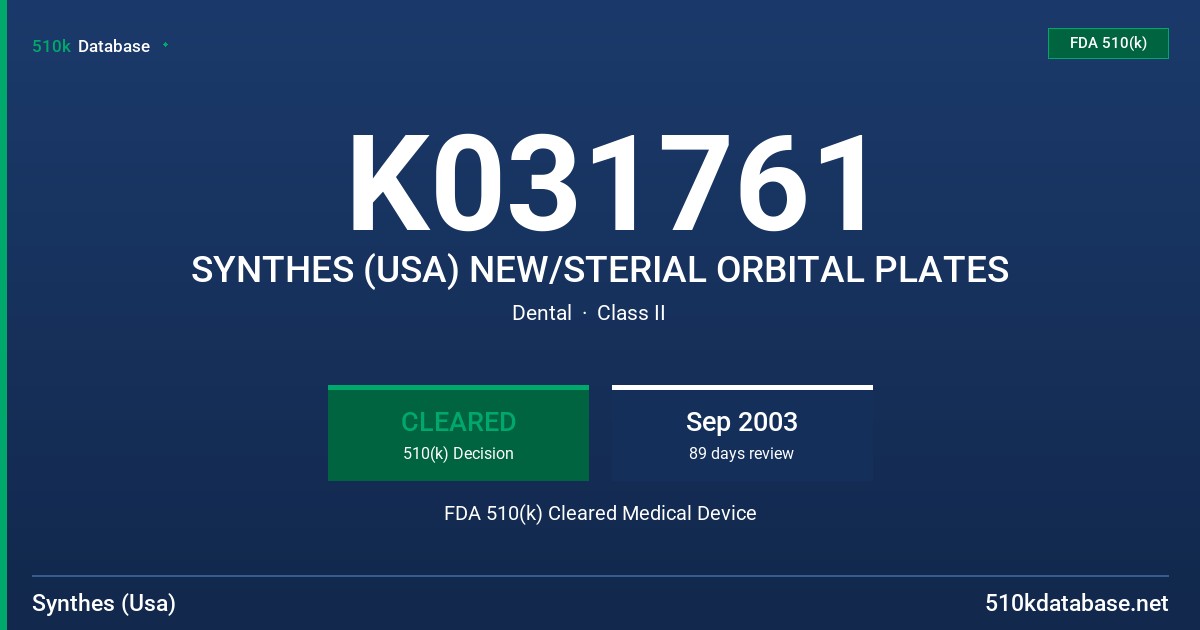 K031761 SYNTHES (USA) NEW/STERIAL ORBITAL PLATES FDA 510(k) Cleared Medical Device