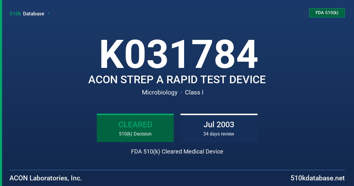 K031784 ACON STREP A RAPID TEST DEVICE FDA 510(k) Cleared Medical Device