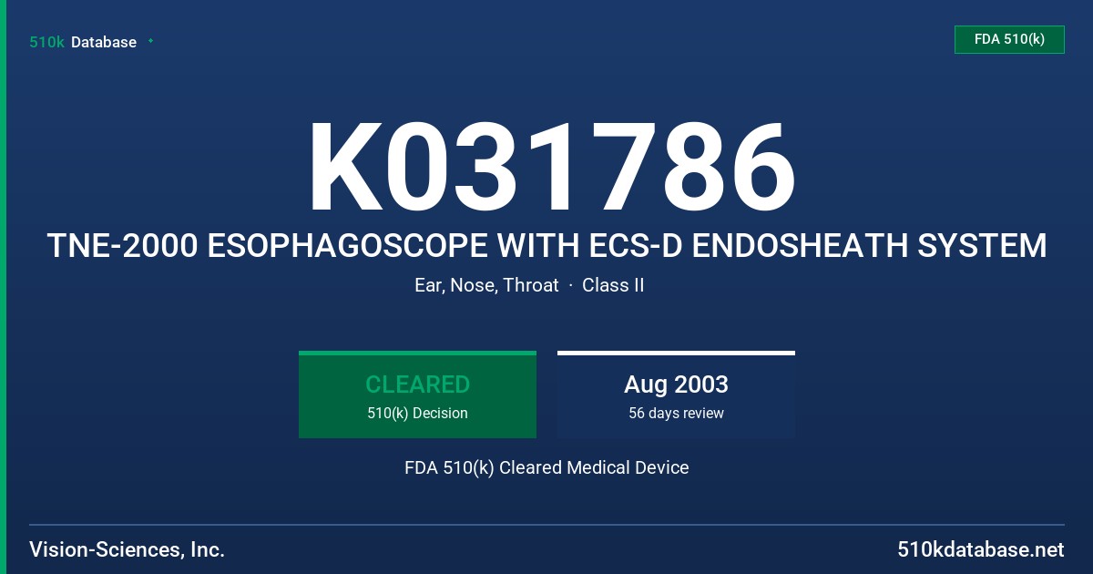 K031786 TNE-2000 ESOPHAGOSCOPE WITH ECS-D ENDOSHEATH SYSTEM FDA 510(k) Cleared Medical Device