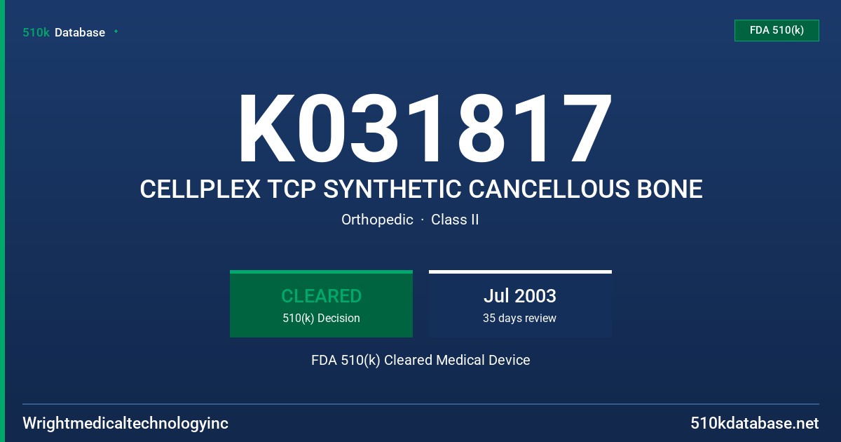 K031817 CELLPLEX TCP SYNTHETIC CANCELLOUS BONE FDA 510(k) Cleared Medical Device