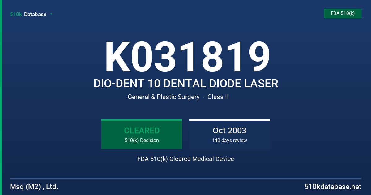 K031819 DIO-DENT 10 DENTAL DIODE LASER FDA 510(k) Cleared Medical Device