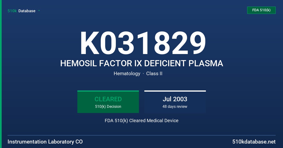 K031829 HEMOSIL FACTOR IX DEFICIENT PLASMA FDA 510(k) Cleared Medical Device