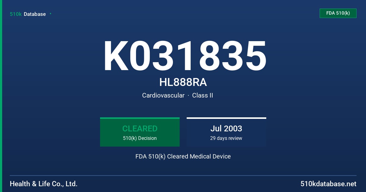 K031835 HL888RA FDA 510(k) Cleared Medical Device