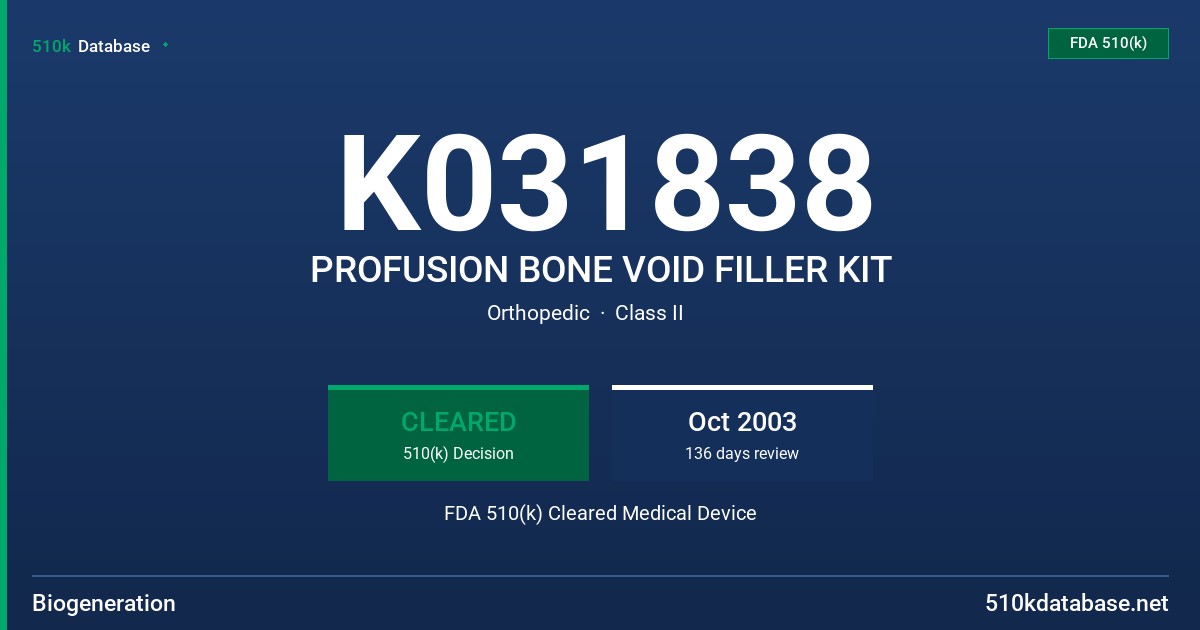 K031838 PROFUSION BONE VOID FILLER KIT FDA 510(k) Cleared Medical Device
