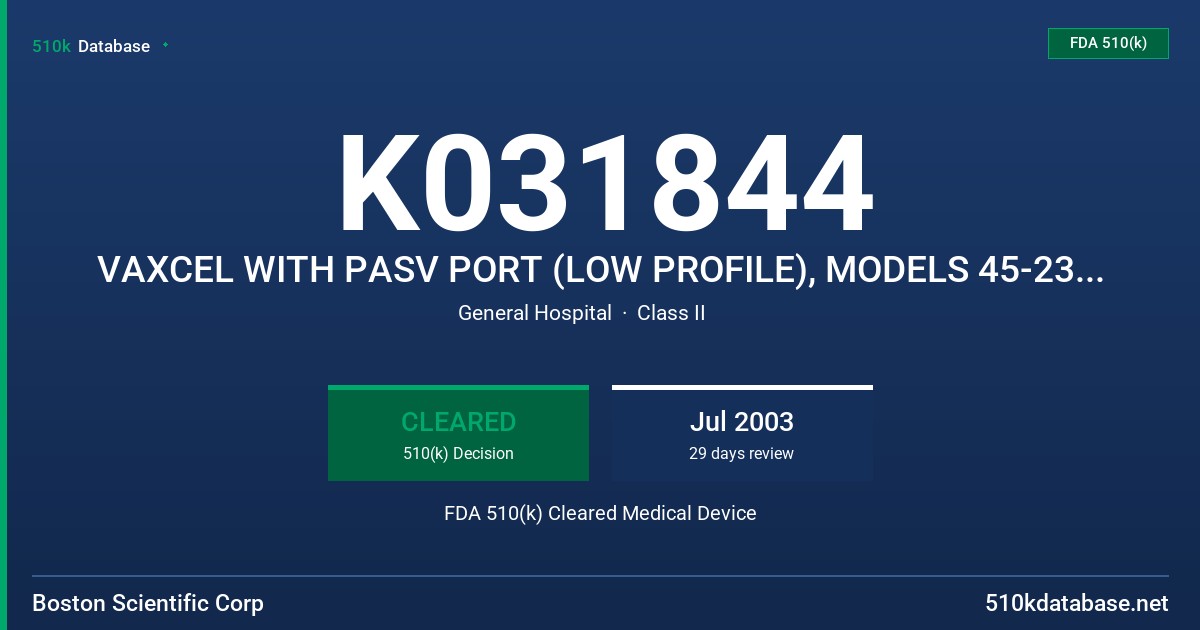 K031844 VAXCEL WITH PASV PORT (LOW PROFILE), MODELS 45-236 AND 45-238 FDA 510(k) Cleared Medical Device