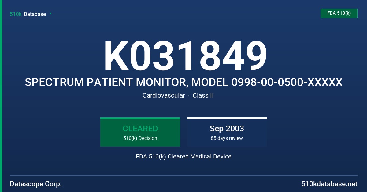 K031849 SPECTRUM PATIENT MONITOR, MODEL 0998-00-0500-XXXXX FDA 510(k) Cleared Medical Device