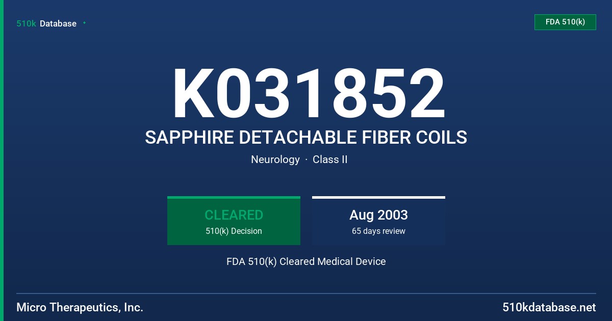 K031852 SAPPHIRE DETACHABLE FIBER COILS FDA 510(k) Cleared Medical Device