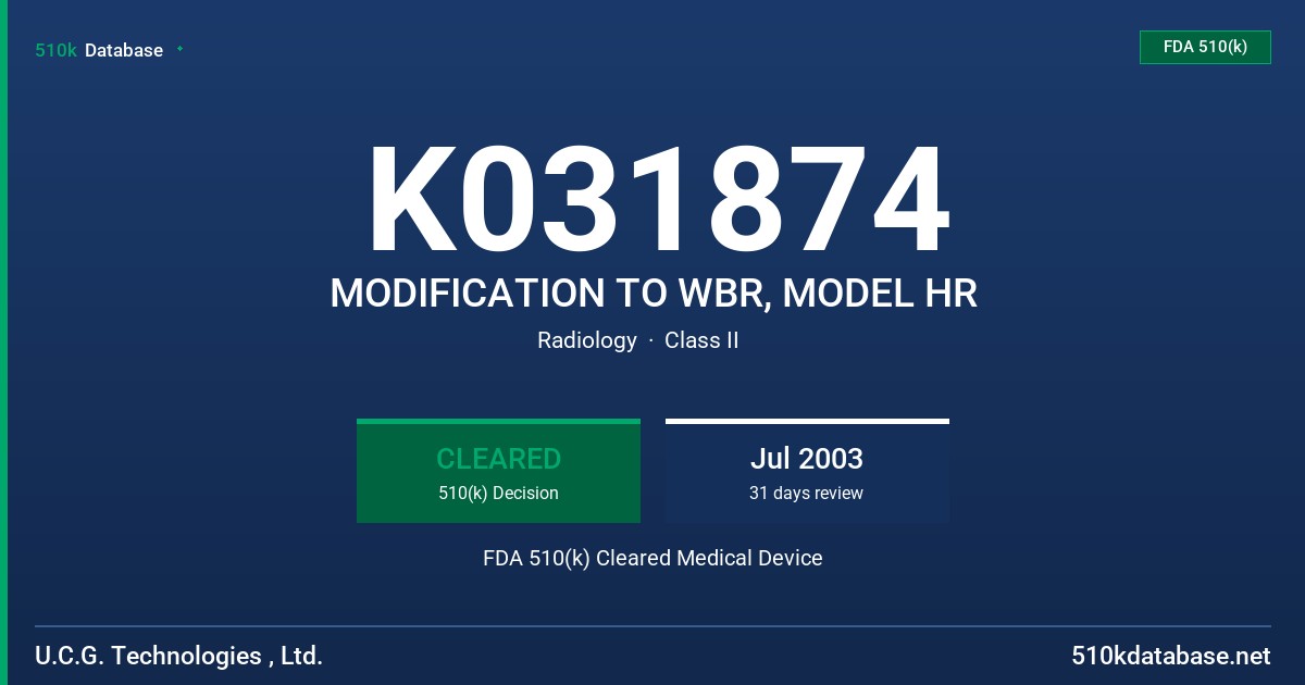 K031874 MODIFICATION TO WBR, MODEL HR FDA 510(k) Cleared Medical Device