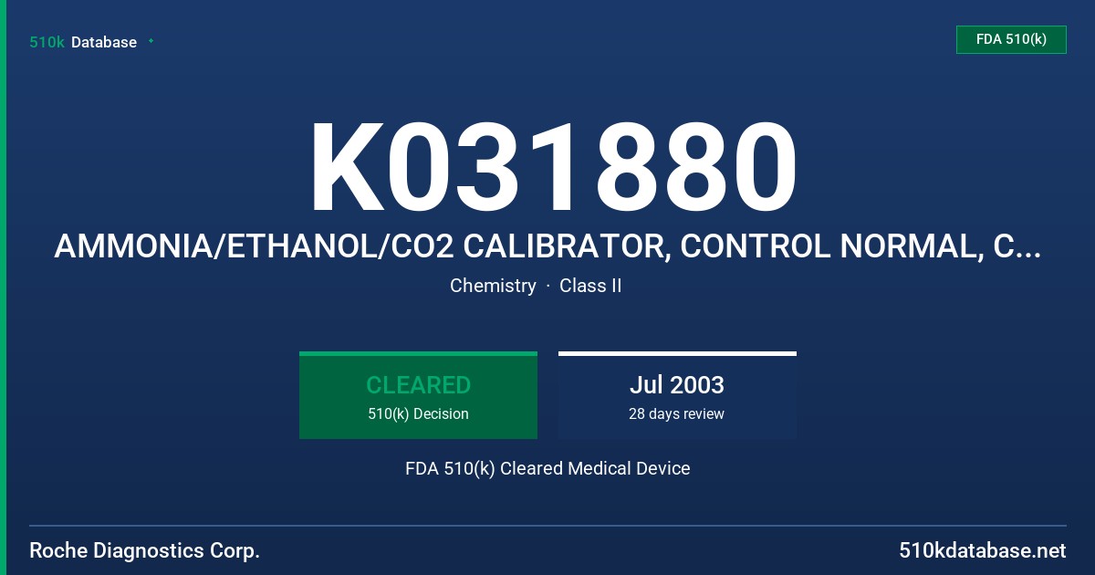 K031880 AMMONIA/ETHANOL/CO2 CALIBRATOR, CONTROL NORMAL, CONTROL ABNORMAL FDA 510(k) Cleared Medical Device