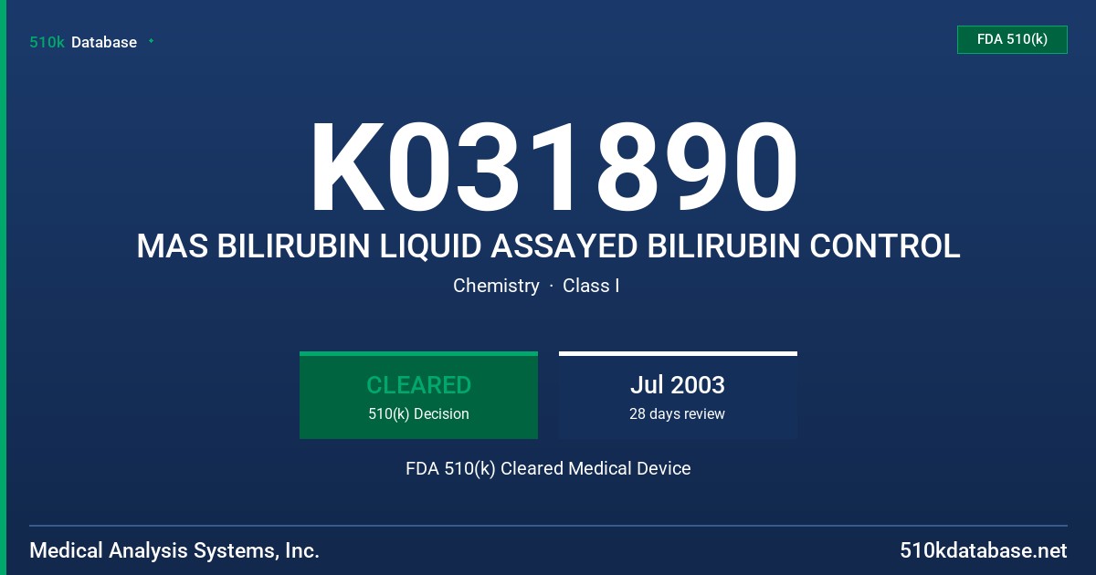 K031890 MAS BILIRUBIN LIQUID ASSAYED BILIRUBIN CONTROL FDA 510(k) Cleared Medical Device