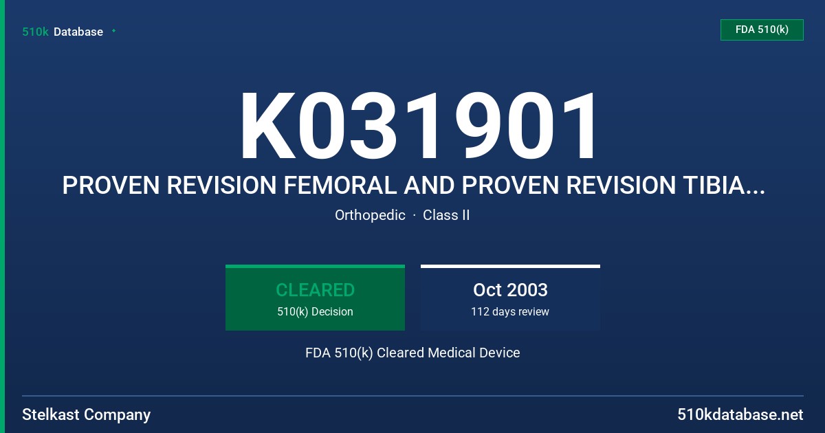 K031901 PROVEN REVISION FEMORAL AND PROVEN REVISION TIBIAL INSERT FDA 510(k) Cleared Medical Device