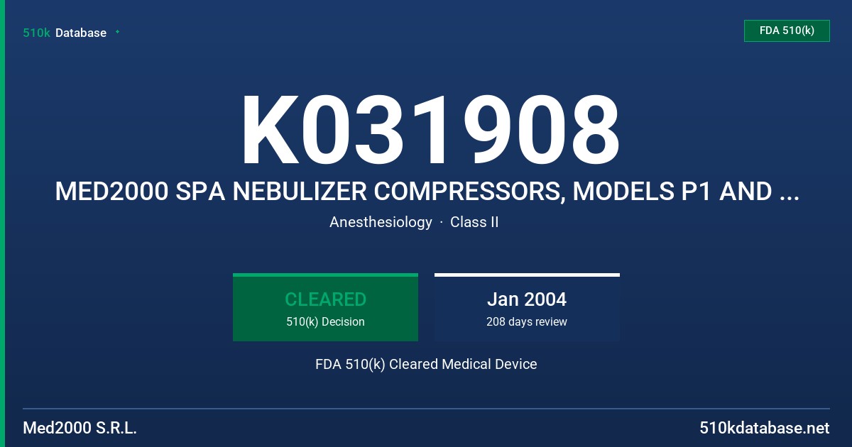 K031908 MED2000 SPA NEBULIZER COMPRESSORS, MODELS P1 AND P2, WITH NEBULIZER, AND MED2000 SPA NEBULIZER, MODEL A1/C (ANDYFLOW) FDA 510(k) Cleared Medical Device