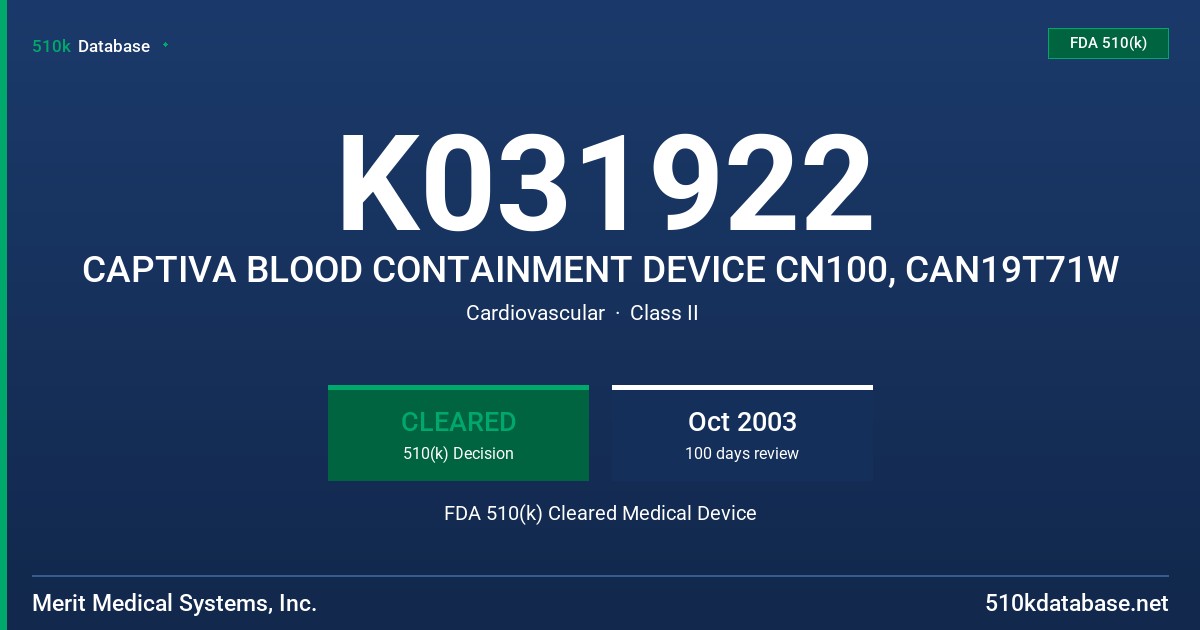 K031922 CAPTIVA BLOOD CONTAINMENT DEVICE CN100, CAN19T71W FDA 510(k) Cleared Medical Device