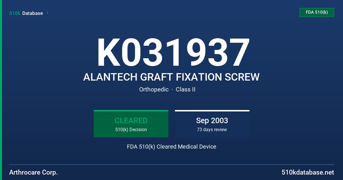K031937 ALANTECH GRAFT FIXATION SCREW FDA 510(k) Cleared Medical Device