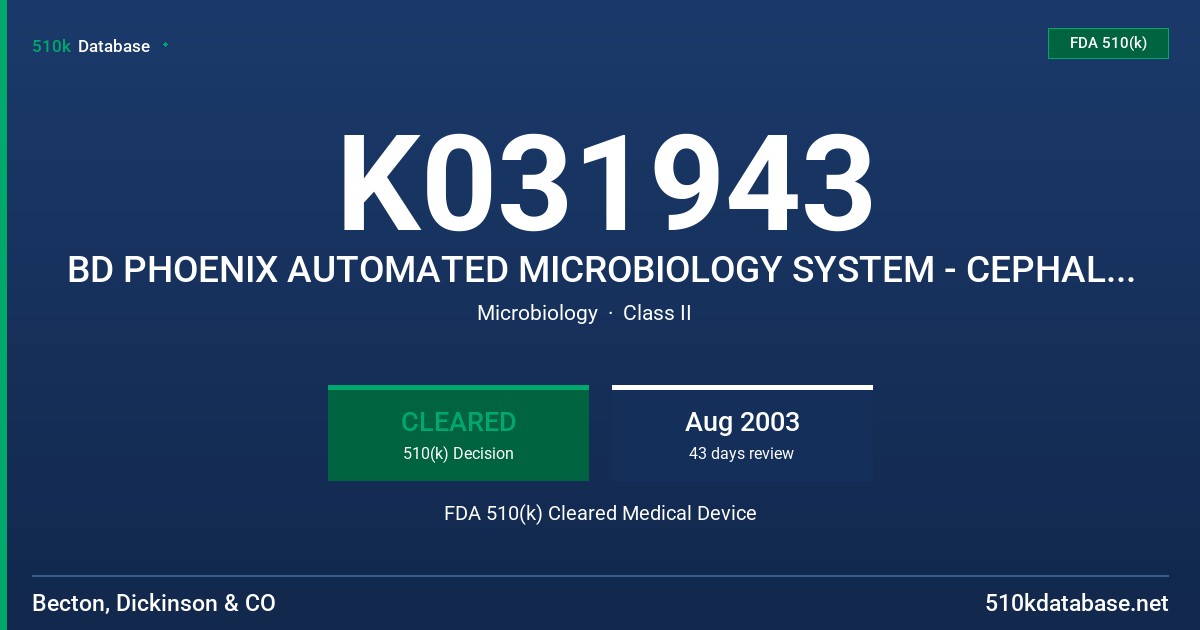 K031943 BD PHOENIX AUTOMATED MICROBIOLOGY SYSTEM - CEPHALOTHIN (GN) 1-64 UG/ML FDA 510(k) Cleared Medical Device