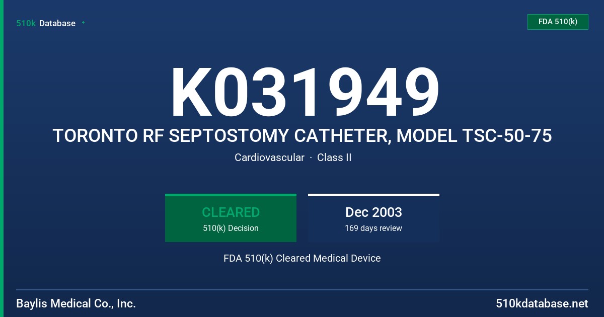 K031949 TORONTO RF SEPTOSTOMY CATHETER, MODEL TSC-50-75 FDA 510(k) Cleared Medical Device