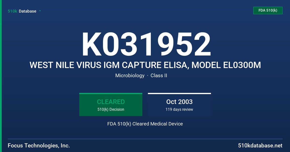 K031952 WEST NILE VIRUS IGM CAPTURE ELISA, MODEL EL0300M FDA 510(k) Cleared Medical Device