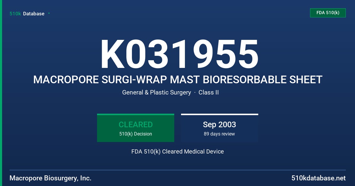 K031955 MACROPORE SURGI-WRAP MAST BIORESORBABLE SHEET FDA 510(k) Cleared Medical Device