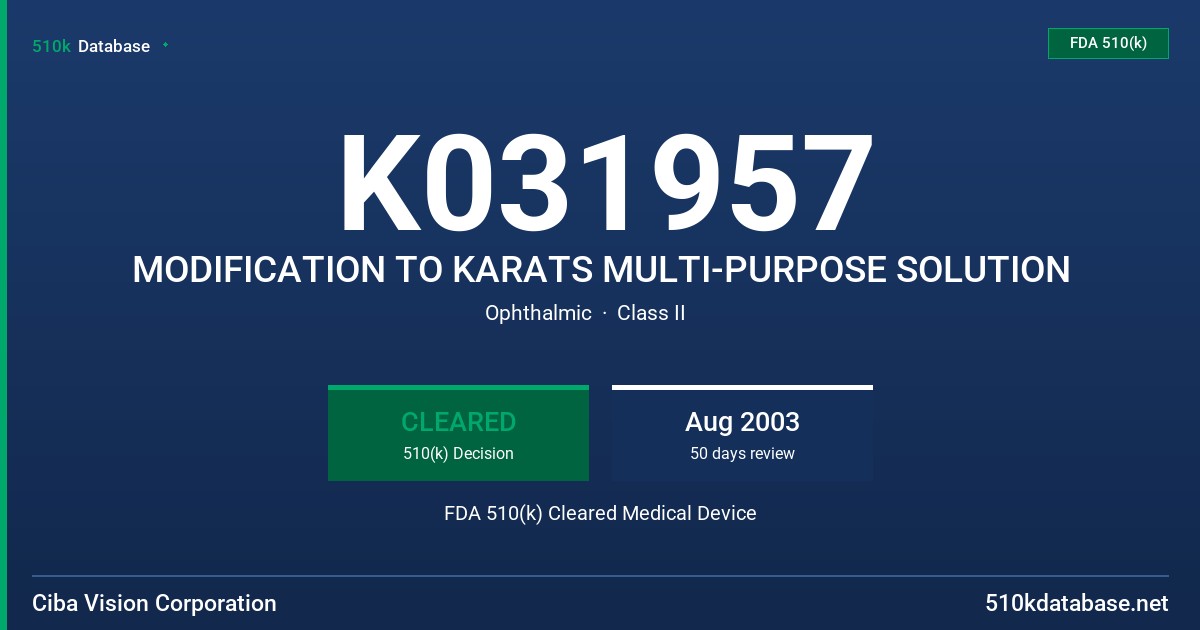 K031957 MODIFICATION TO KARATS MULTI-PURPOSE SOLUTION FDA 510(k) Cleared Medical Device