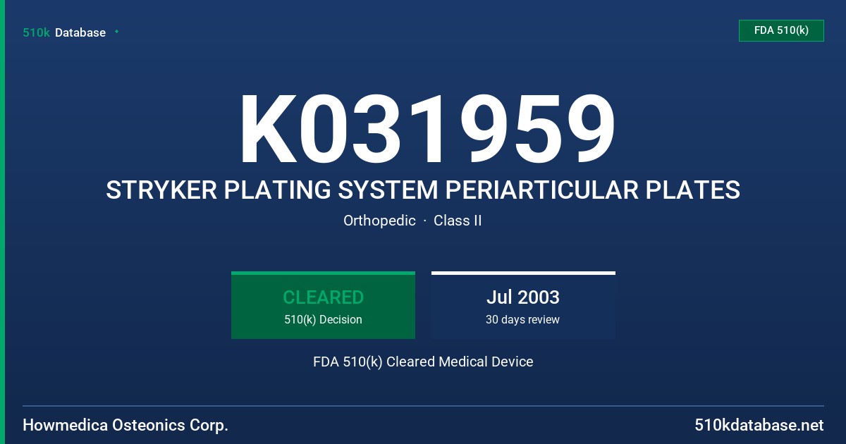 K031959 STRYKER PLATING SYSTEM PERIARTICULAR PLATES FDA 510(k) Cleared Medical Device