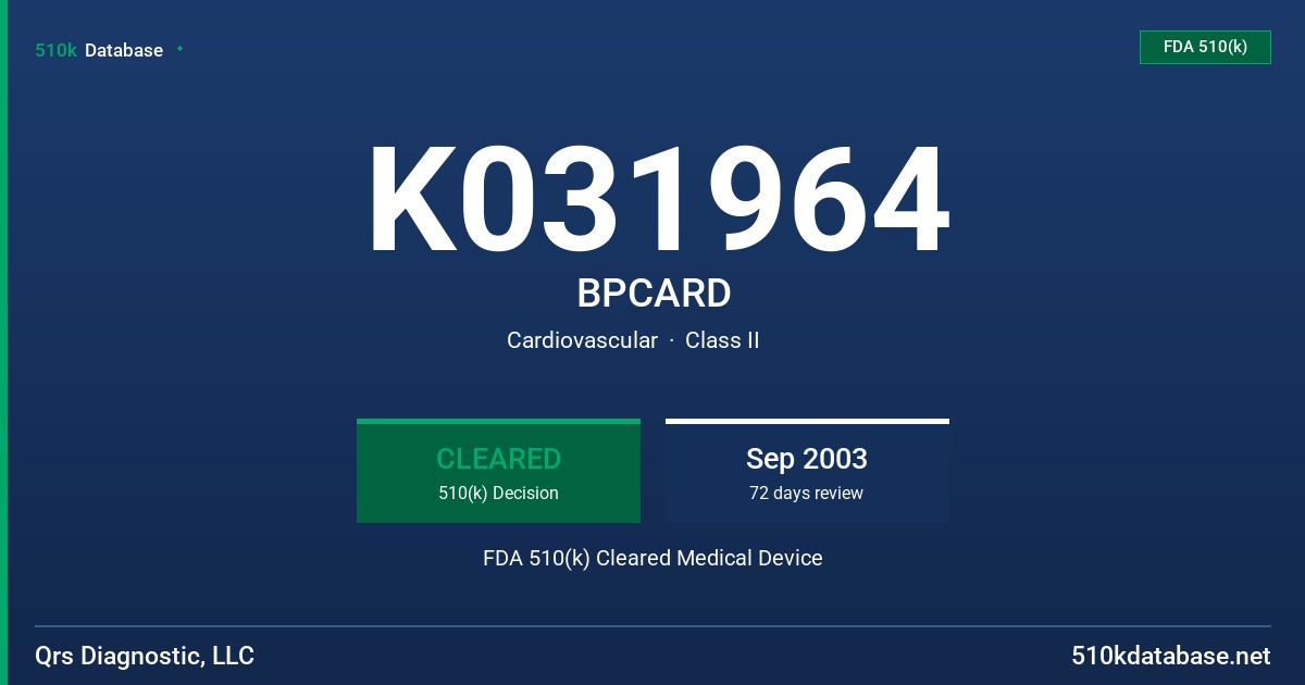 K031964 BPCARD FDA 510(k) Cleared Medical Device