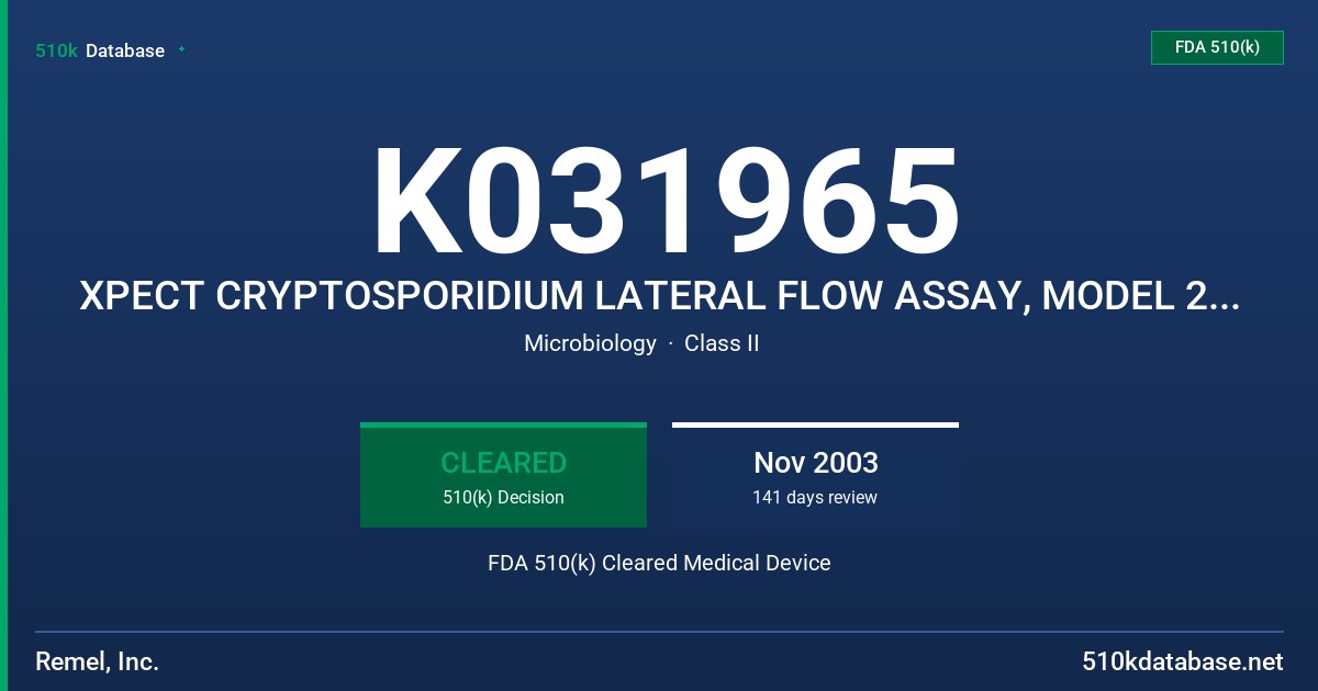 K031965 XPECT CRYPTOSPORIDIUM LATERAL FLOW ASSAY, MODEL 2451020 FDA 510(k) Cleared Medical Device