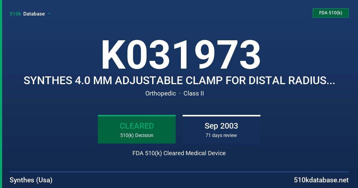 K031973 SYNTHES 4.0 MM ADJUSTABLE CLAMP FOR DISTAL RADIUS FIXATOR-MR SAFE FDA 510(k) Cleared Medical Device