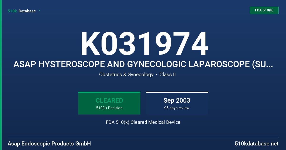 K031974 ASAP HYSTEROSCOPE AND GYNECOLOGIC LAPAROSCOPE (SURGERY) 10-00018-00, 10-0019-00, 100020-00, 10-0021-00, 10-0022-00, 10-0 FDA 510(k) Cleared Medical Device
