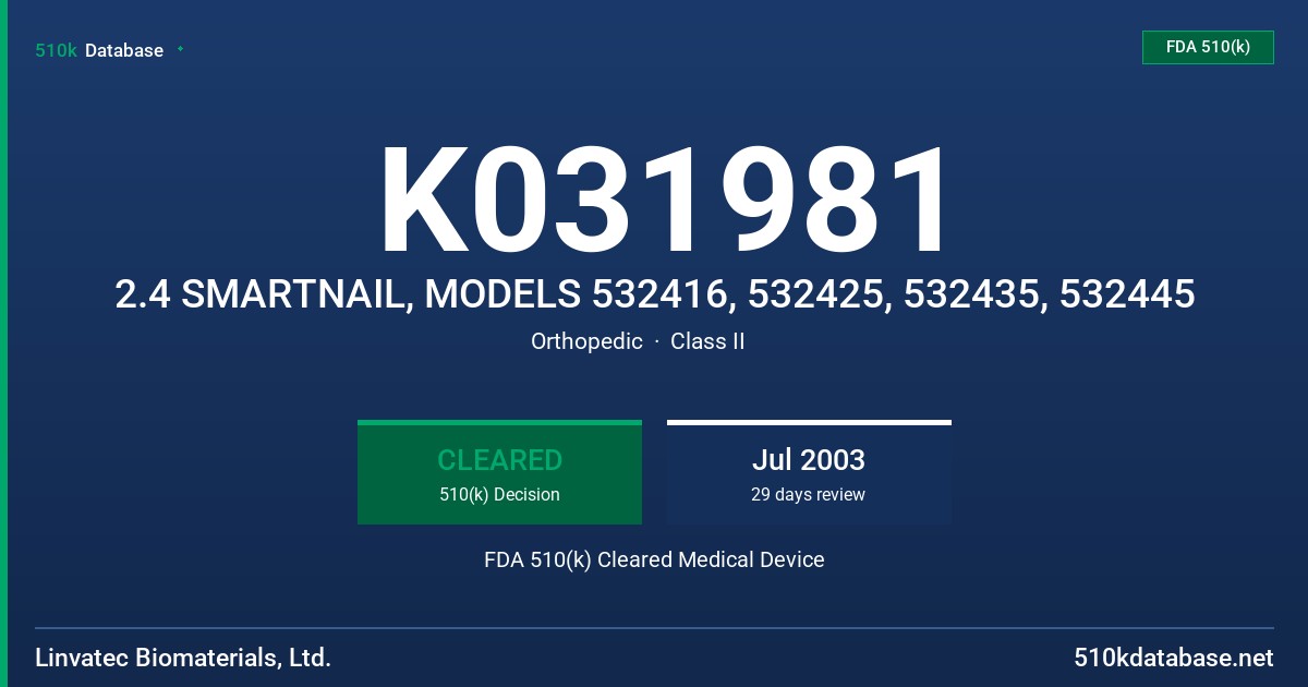 K031981 2.4 SMARTNAIL, MODELS 532416, 532425, 532435, 532445 FDA 510(k) Cleared Medical Device