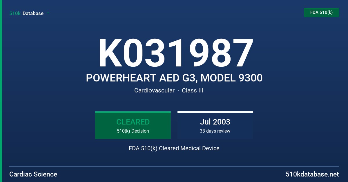 K031987 POWERHEART AED G3, MODEL 9300 FDA 510(k) Cleared Medical Device