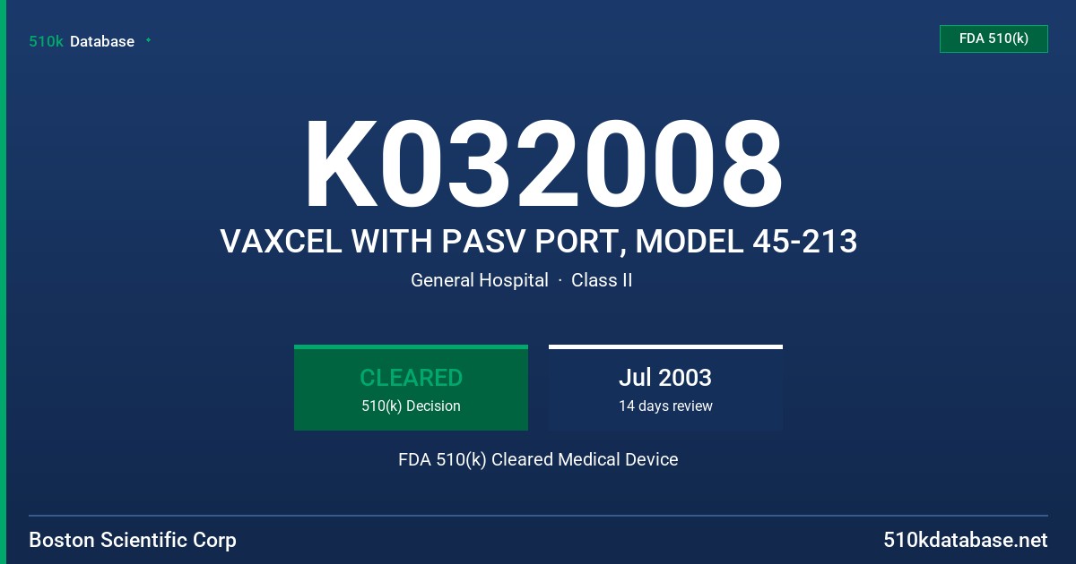 K032008 VAXCEL WITH PASV PORT, MODEL 45-213 FDA 510(k) Cleared Medical Device
